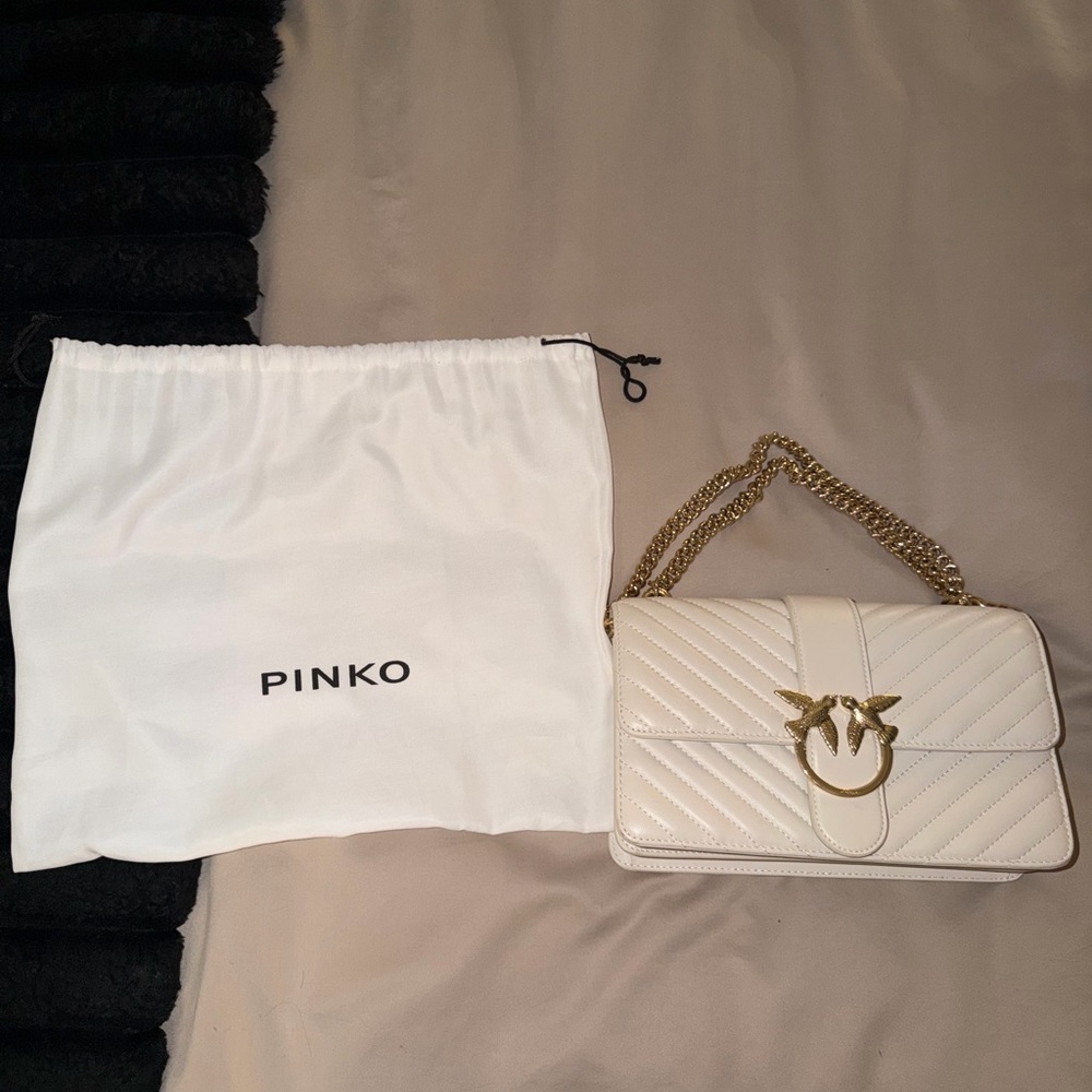 Pinko Love Bag Ivory Quilted Shoulder Bag with Gold Chain